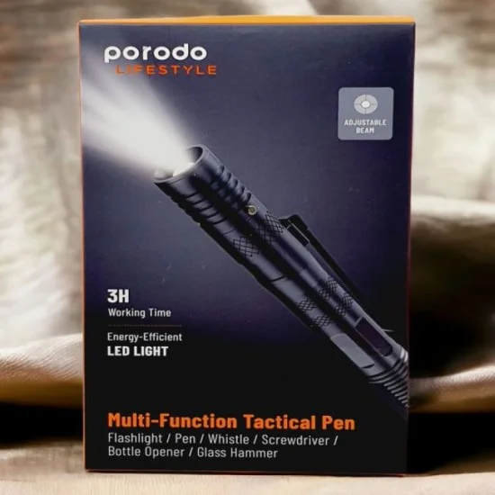 Porodo LifeStyle Outdoor 9in1 Flashlight with Holder Pen Whistle Bottle Opener andSafety Hammer - Black-Gray